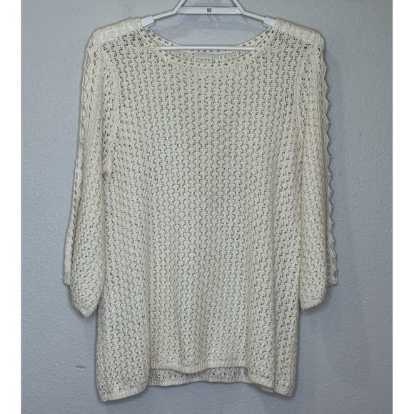 Chico's Sweaters - Chico's Open Knit Sweater Womens Size 1 Off White 3/4 Sleeve Round Neck Pullover